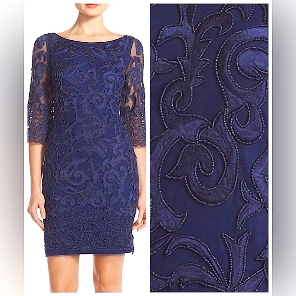 Aidan MATTOX ($475) Beaded Sheer Mesh Sleeve Navy Blue Cocktail Dress 4 - Picture 3 of 14